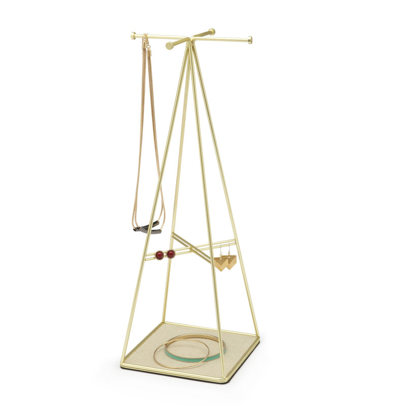 Matte Brass Steel Pyramid Jewelry Stand with Linen Base