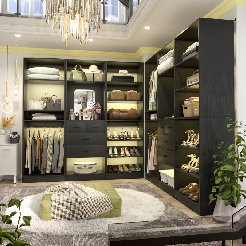 Danniele Freestanding Closet System with Mirror and Wooden Drawers, Black