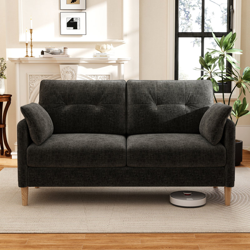 George 62’’ Chenille Tufted Loveseat Sofa with 2 Pillows And Storage Pockets Couches, Dark Gray