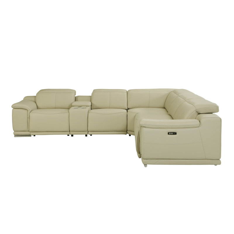 Italian Leather Power Reclining U Shaped Six Piece Corner Sectional With Console, 35" H x 123" W x 110" D