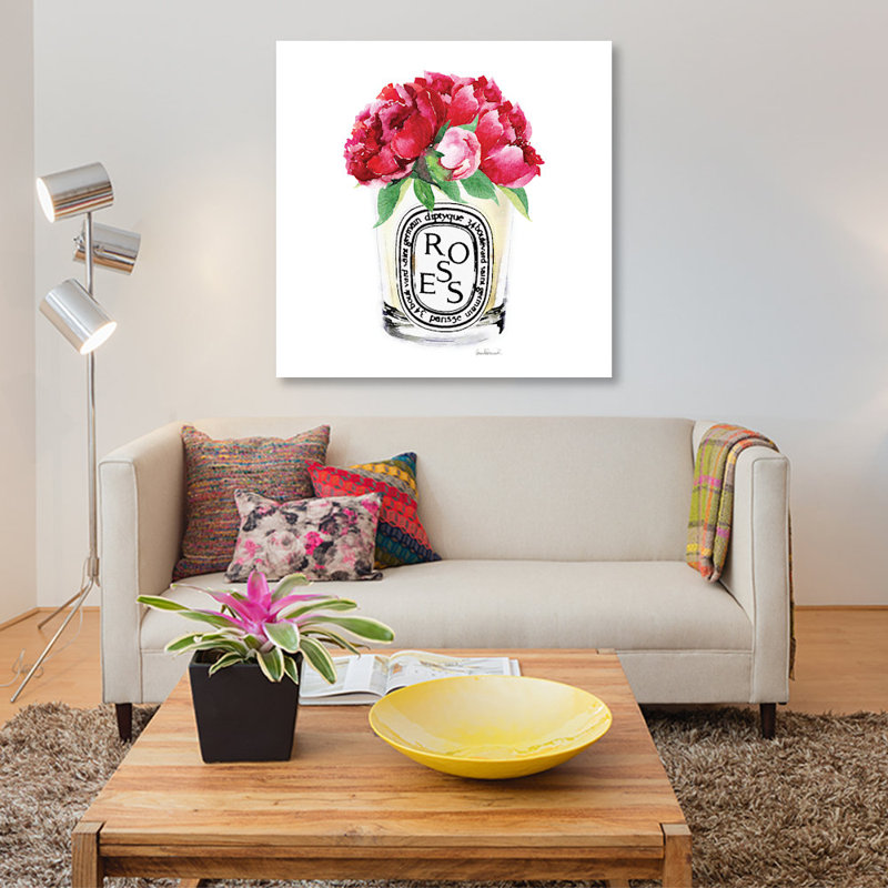 «Candle with Deep Pink Pivoines», reproduction sur toile, H 12 po x l 12 po x P 0,75 po, Toile tendue, Pas de tapis