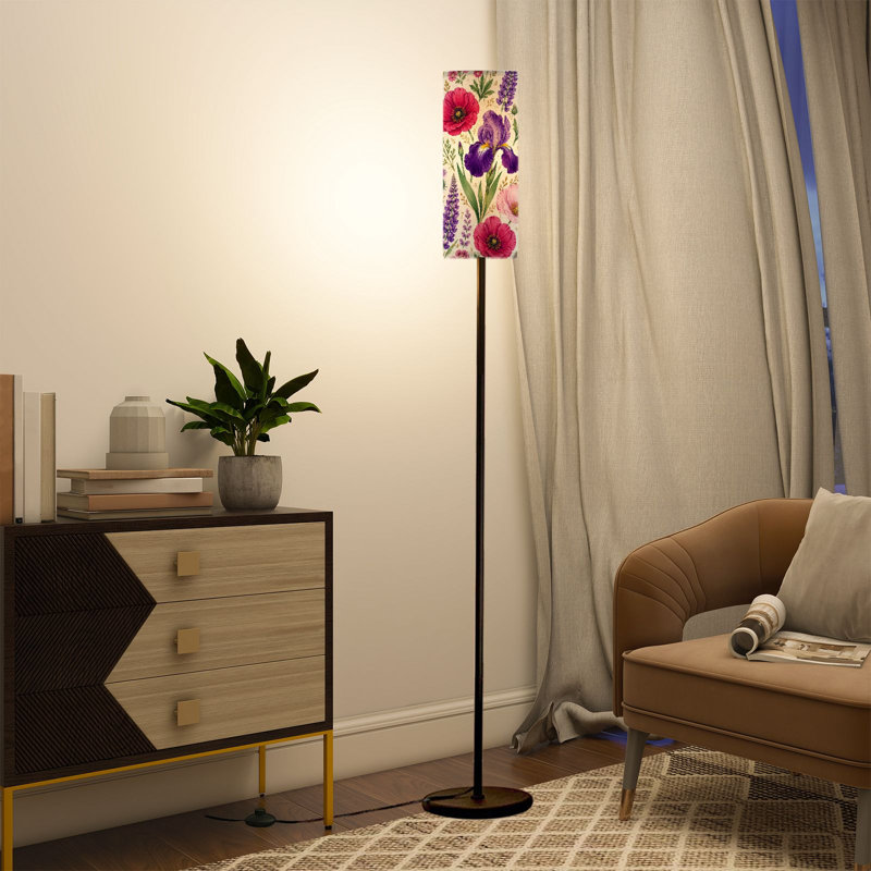  68.5" Standing Floor Lamp Botanical Vibrant Purple Pink Flowers Beige Dimmable Metal Pole Lamp with Linen Lampshade LED Bulb Included
