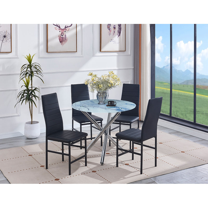 Ensemble de table de salle à manger moderne en verre effet marbre avec 4 chaises en similicuir, Noir