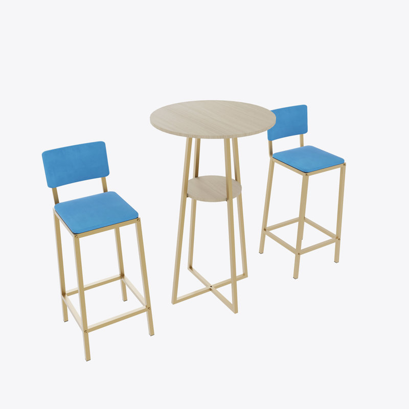  Bar table and chairs three piece set, frame, sponge made seat cushions and backrests, bar table with storage function, Blue