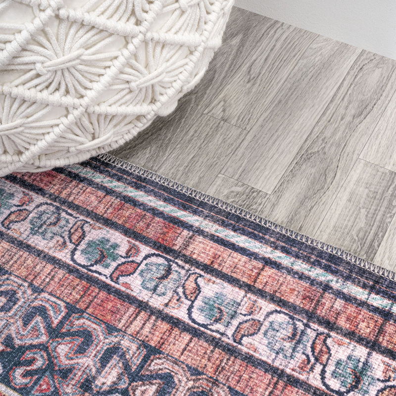 Lesandra Geometric Medallions Machine-Washable Terracotta/Navy Rug, Rectangle 9' x 12'