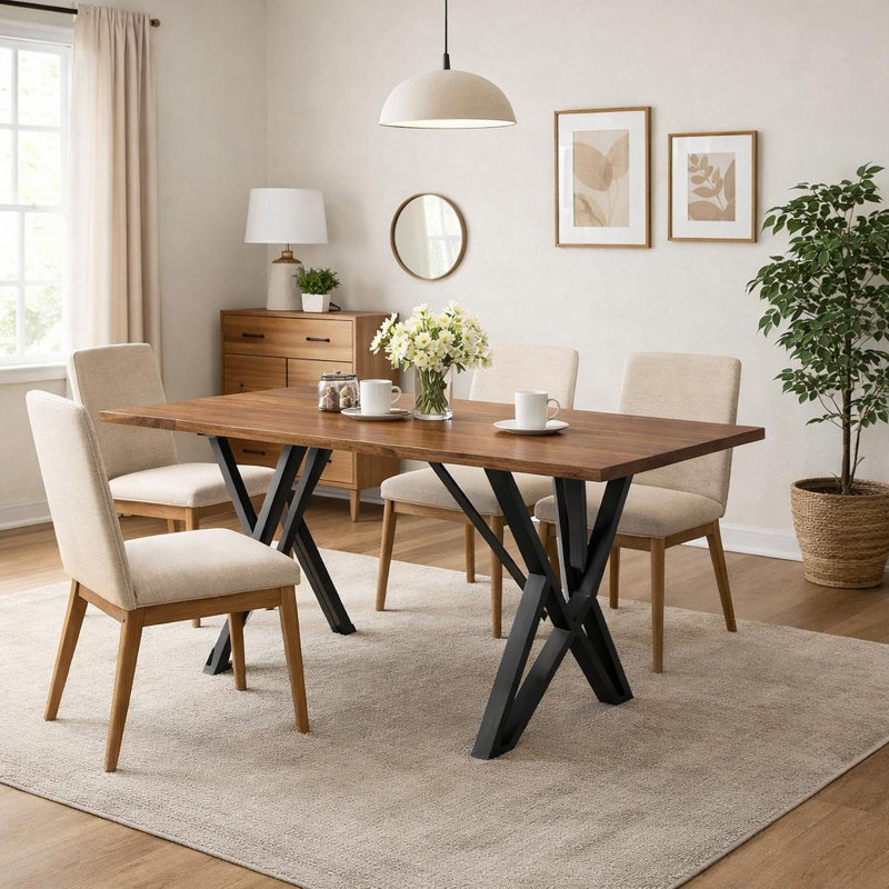 Table de salle à manger, plateau rectangulaire en bois 59 po, base en tréteaux en métal noir