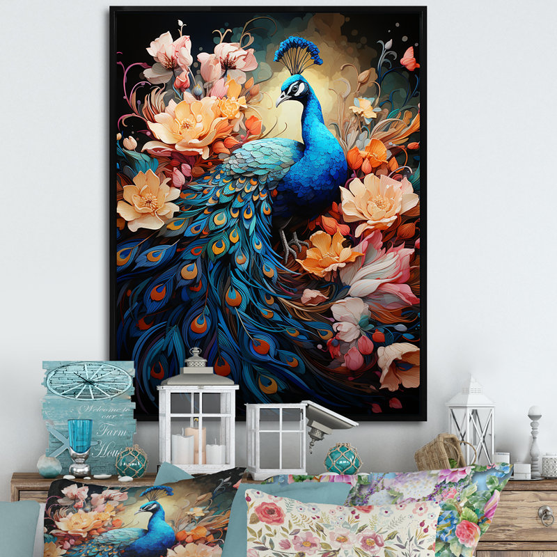 «Majestic Flowerful Peacocks Harmony I» sur toile, Cadre flottant noir, H 32 po x l 16 po x P 1 po