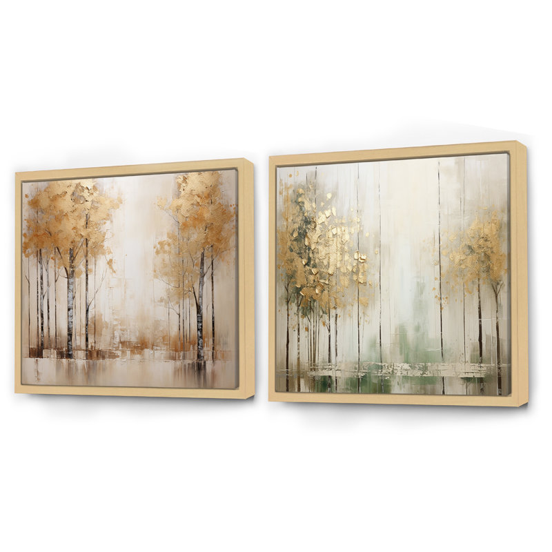 Minimalisme - Ensemble de 2 collages carrés forêt et or, H 16 po x l 33 po, Cadre flottant brun