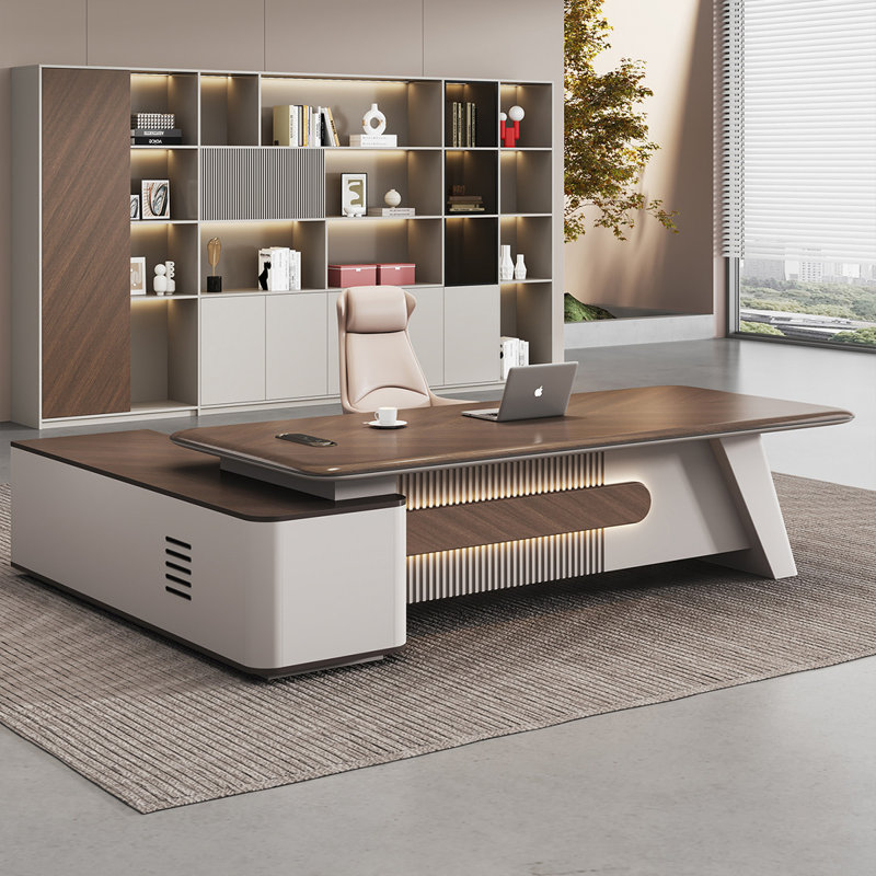 86,61 po Nouveau bureau de direction en forme de L brun de luxe de style chinois, H 29,53 po x l 86,61 po x P 62,99 po