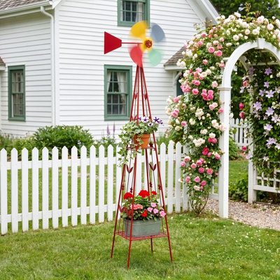  6.2 Ft. Red Metal Outdoor Garden Windmill With Shelf And Weather Vane