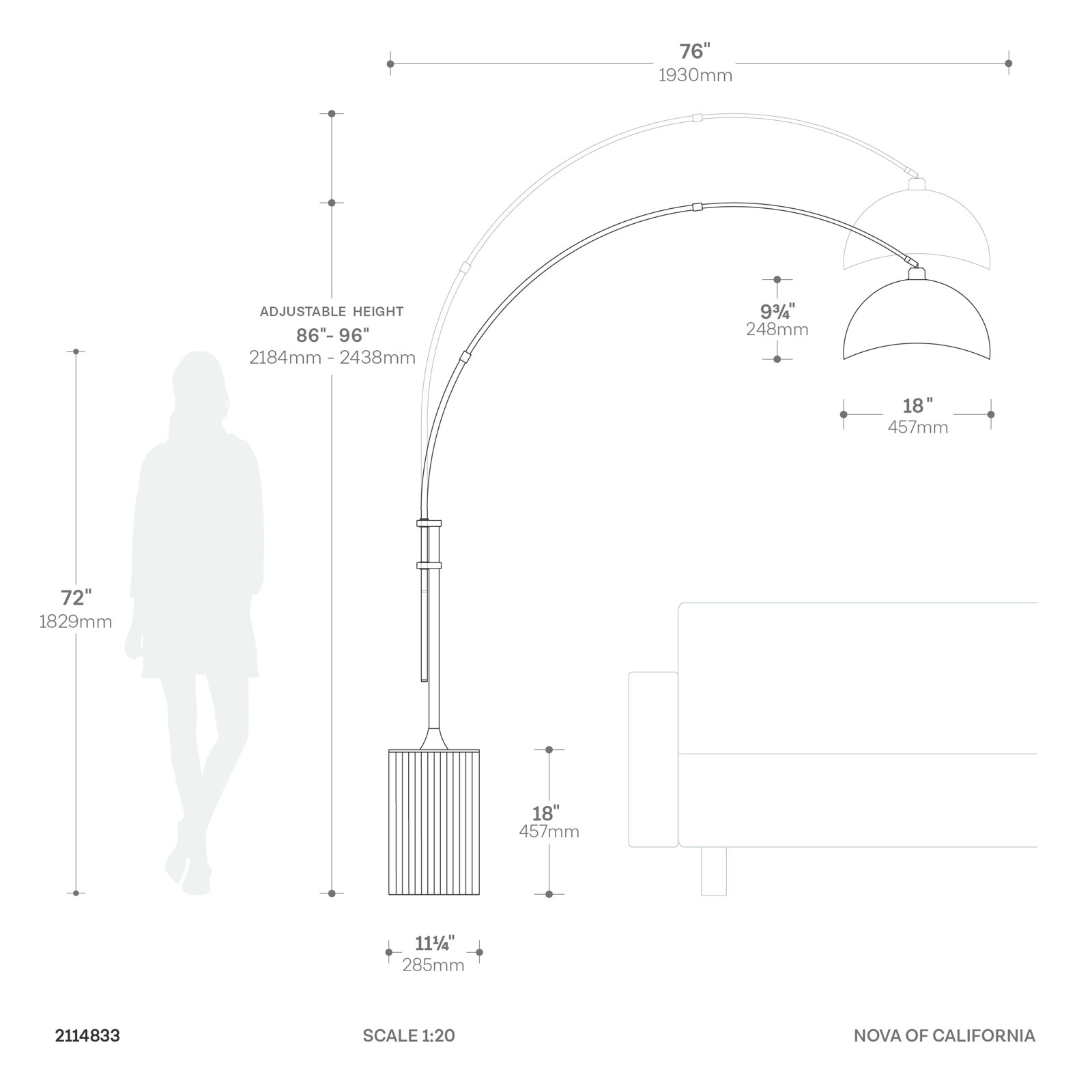 Tambo 92"H 1-Light Arc Lamp, Satin Nickel/White-Luna Bella Leaf Shade, Base, Satin Nickel, Dimmable, for Living Room or Bedroom