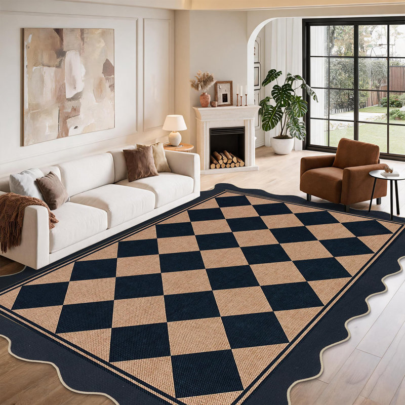 Tapis intérieur/extérieur à carreaux festonné, Café noir, 8 x 10 pi