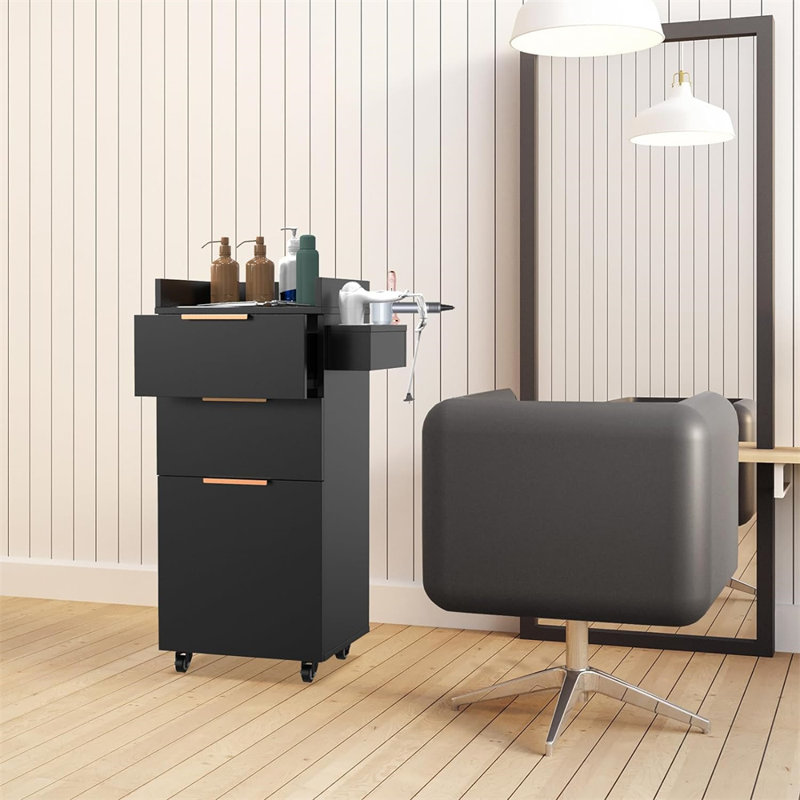 33.46 H x 15.74 W  Wood Salon Trolley Cart With 4 Wheels, Black