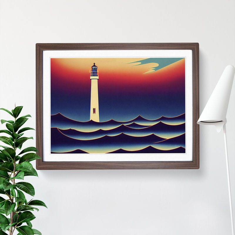 Art Deco Lighthouse - Single Picture Frame Print, Brown, 25cm H x 34cm W