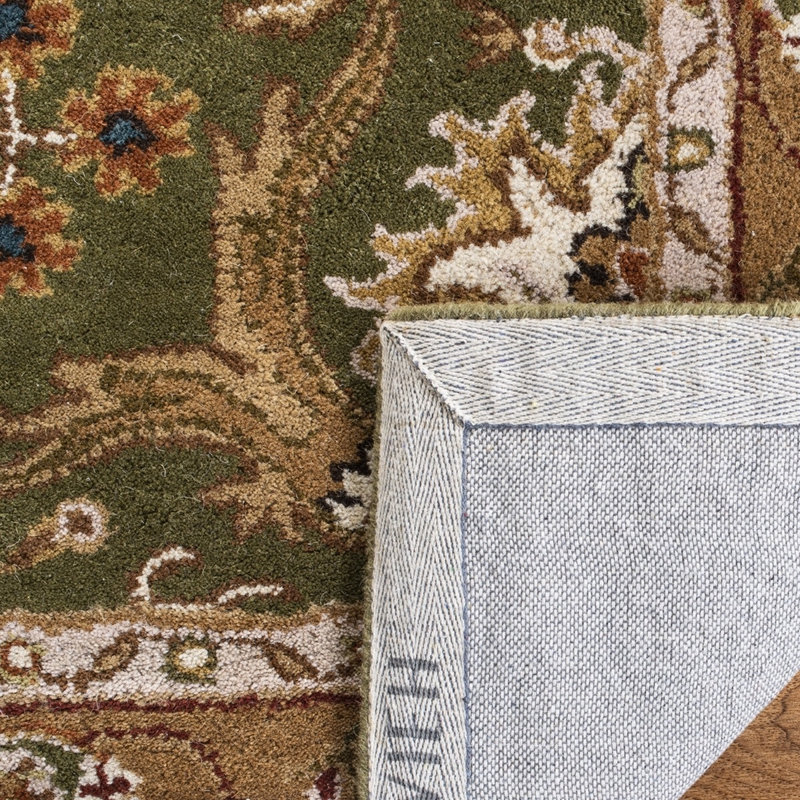 Tapis oriental en laine vert clair et or touffeté à la main vert Alger, Rectangle 7 pi 6 po x 9 pi 6 po