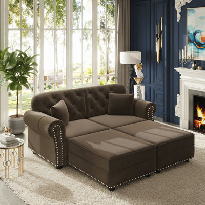 Mid-Century Modern Chesterfield Sofa with Velvet Upholstery, Nailhead Trim, and Rolled Armrests, Includes 2 Pillows 2 Ottomans
