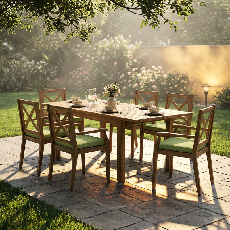 Ensemble de salle à manger en bois avec coussins, 6 chaises et 1 table, pour l'extérieur (terrasse, piscine, jardin).