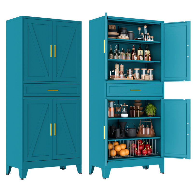 Armoire de rangement pour garde-manger de 71 po de hauteur avec tiroir et tablettes réglables, Bleu