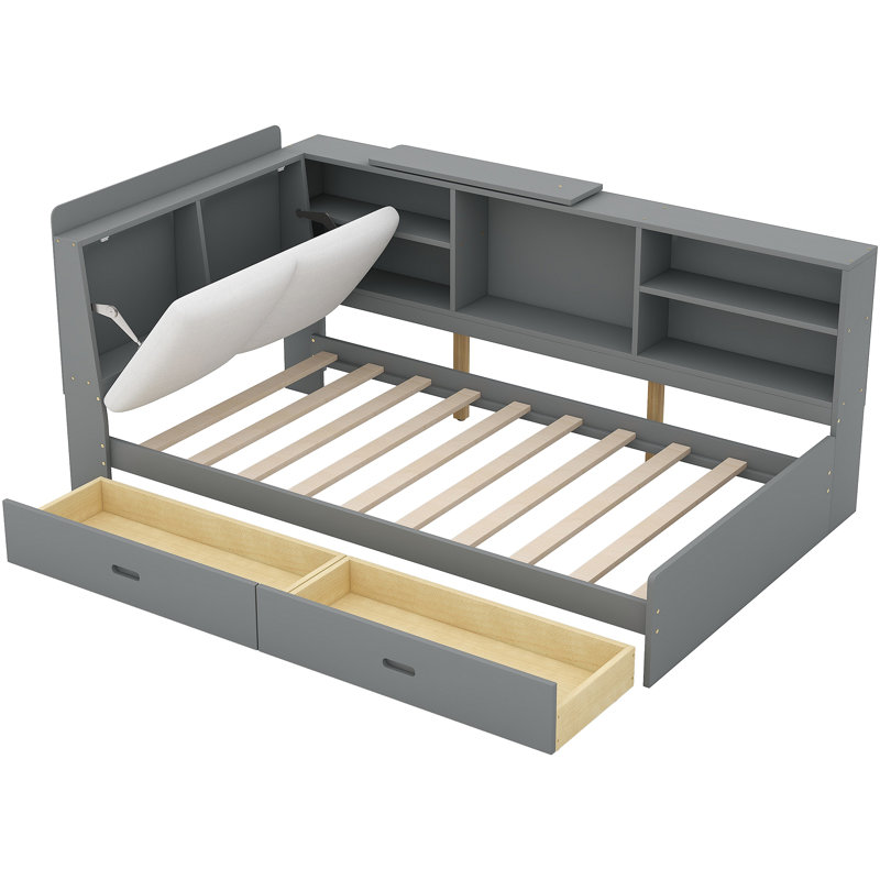 Lit plateforme en bois avec tablettes de rangement et 2 tiroirs, Twin, Gris antique