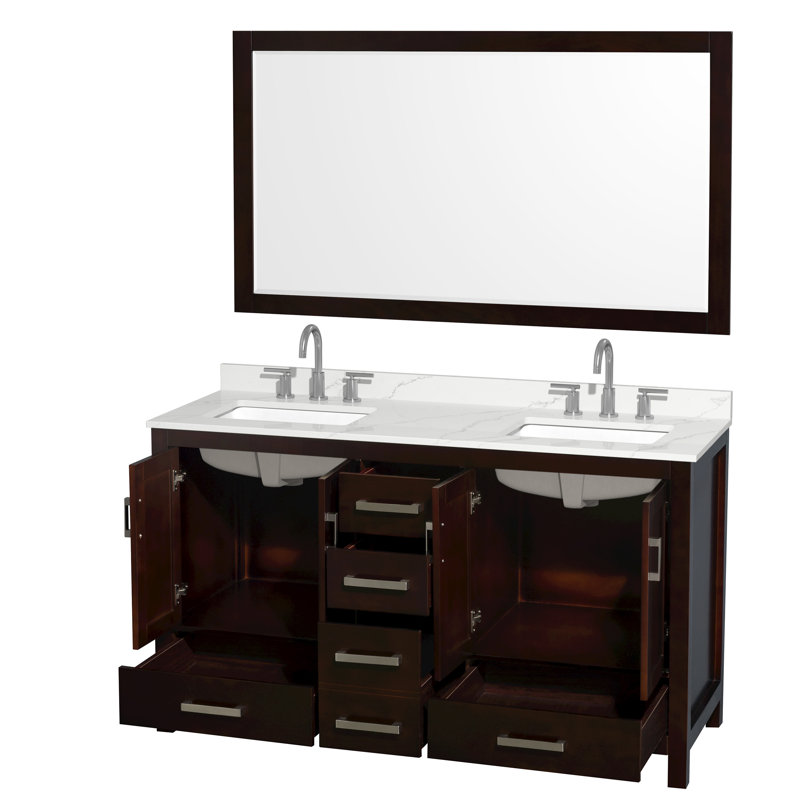 Sheffield 60" Freestanding Double Bathroom Vanity with Quartz Top with 58" Mirror, Chrome, Brown, Giotto Quartz