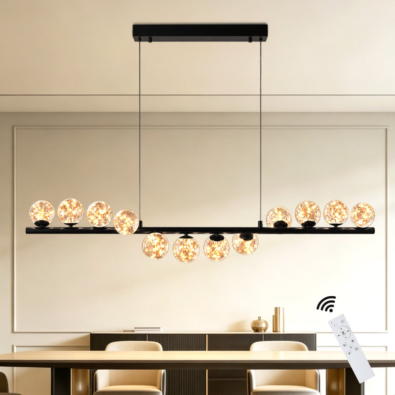 12 - Light LED Dimmable Linear Kitchen Island Pendant with Remote Control Included, Black