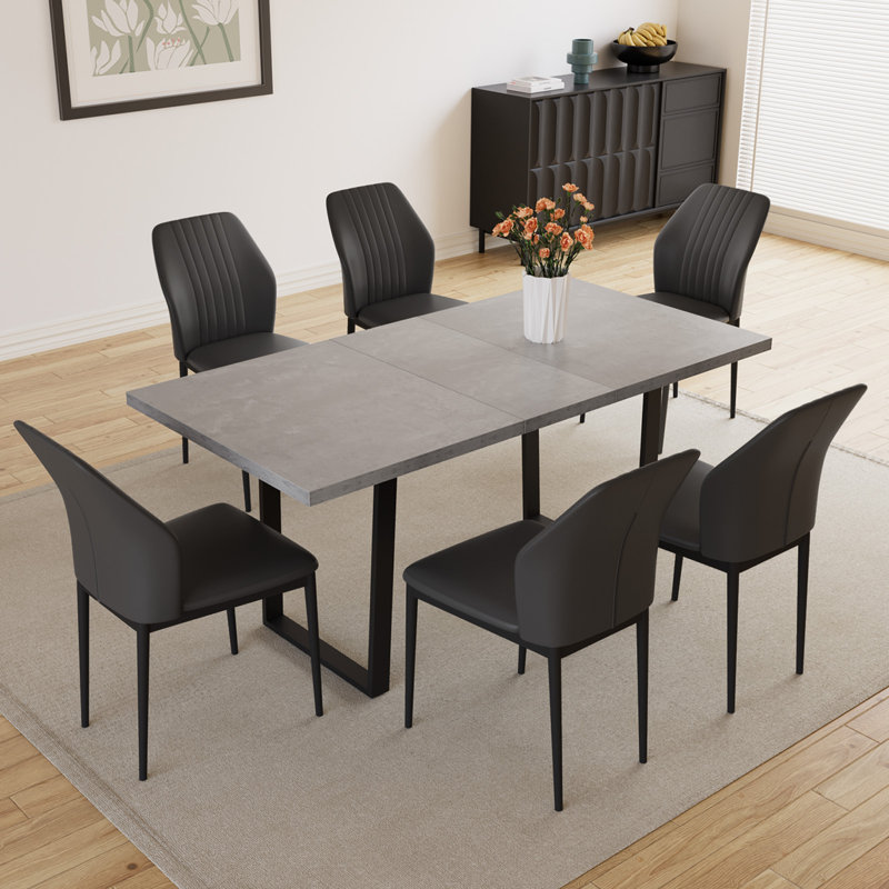 Modern Kitchen Dining Set, Extendable Dining Table with Dining Chairs(1Table 6Table), Black, 7 Pieces: Table, 6 Chairs