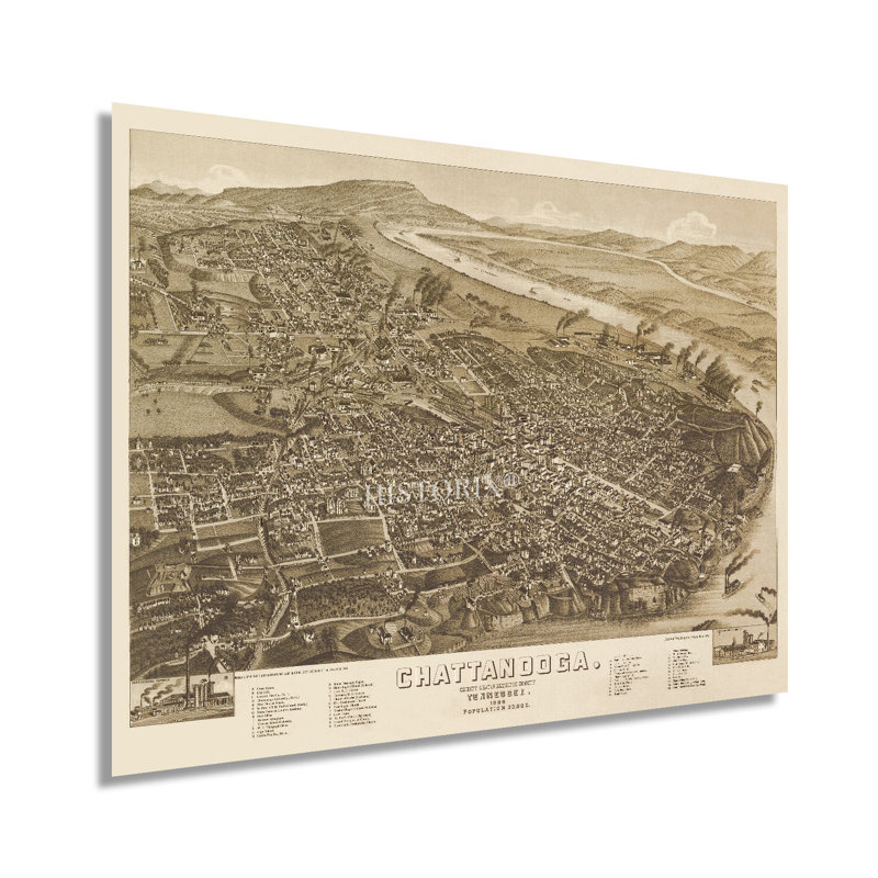 1886 - Carte de Chattanooga, Tennessee, sur papier, H 18 po x l 24 po