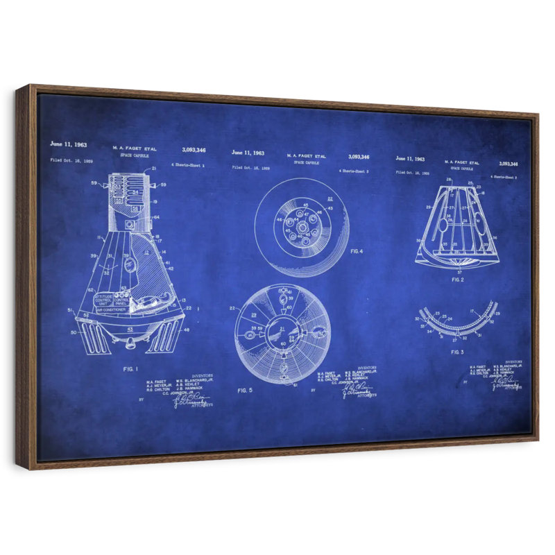 Space Capsule - bleu verni, 19 po x 13 po, Cadre flottant noyer