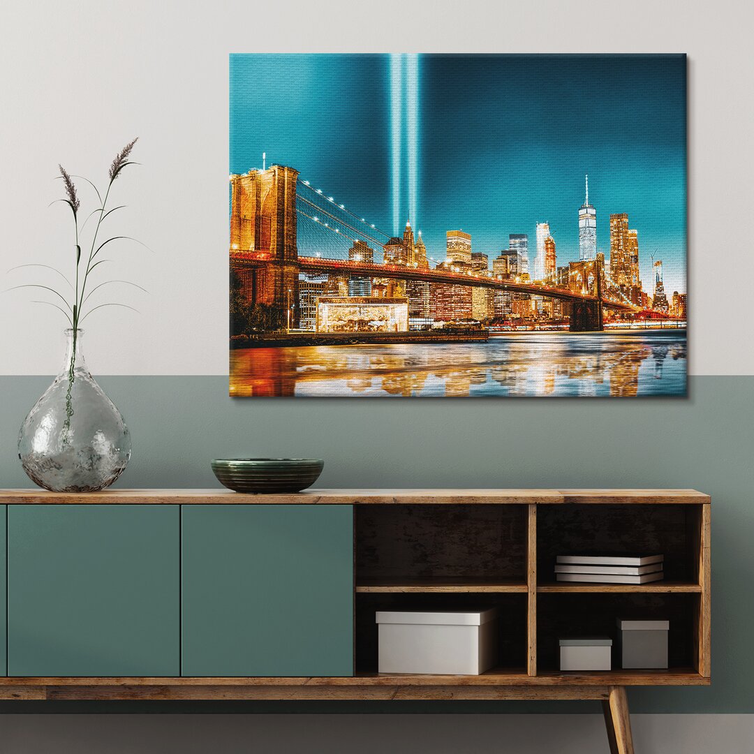 Leinwandbild New York Manhattan Brooklyn Bridge At Night 60X40cm – Premium Leinwanddruck – Kunstdruck Auf 2Cm Holz-Keilr...