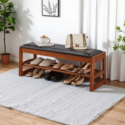 Banc de rangement pour chaussures en bois d'hévéa 40 po avec siège rabattable et coussin en polyuréthane Banc d'entrée en bois massif de 39,37 po x 13,70 po