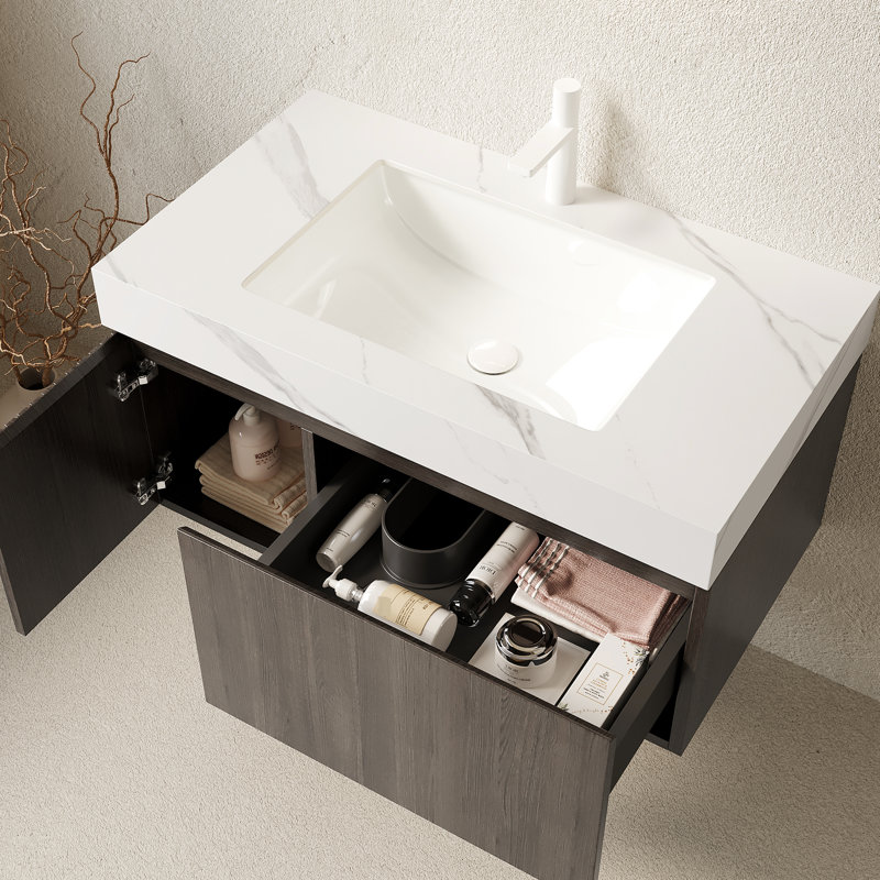 Floating Plywood 30" Bathroom Vanity, White Sintered Stone Top, Ceramic Basin, Drawer And Door, Ample Storage, Pre - Assembled Vanity With Storage Cabinet, Large Soft Close Damper