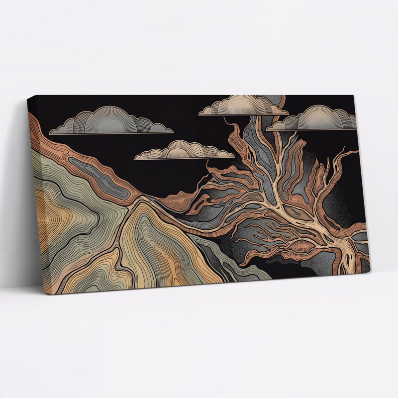 Art mural sur toile, lignes topographiques et nuages en tons de terre, L 58 po x H 28 po