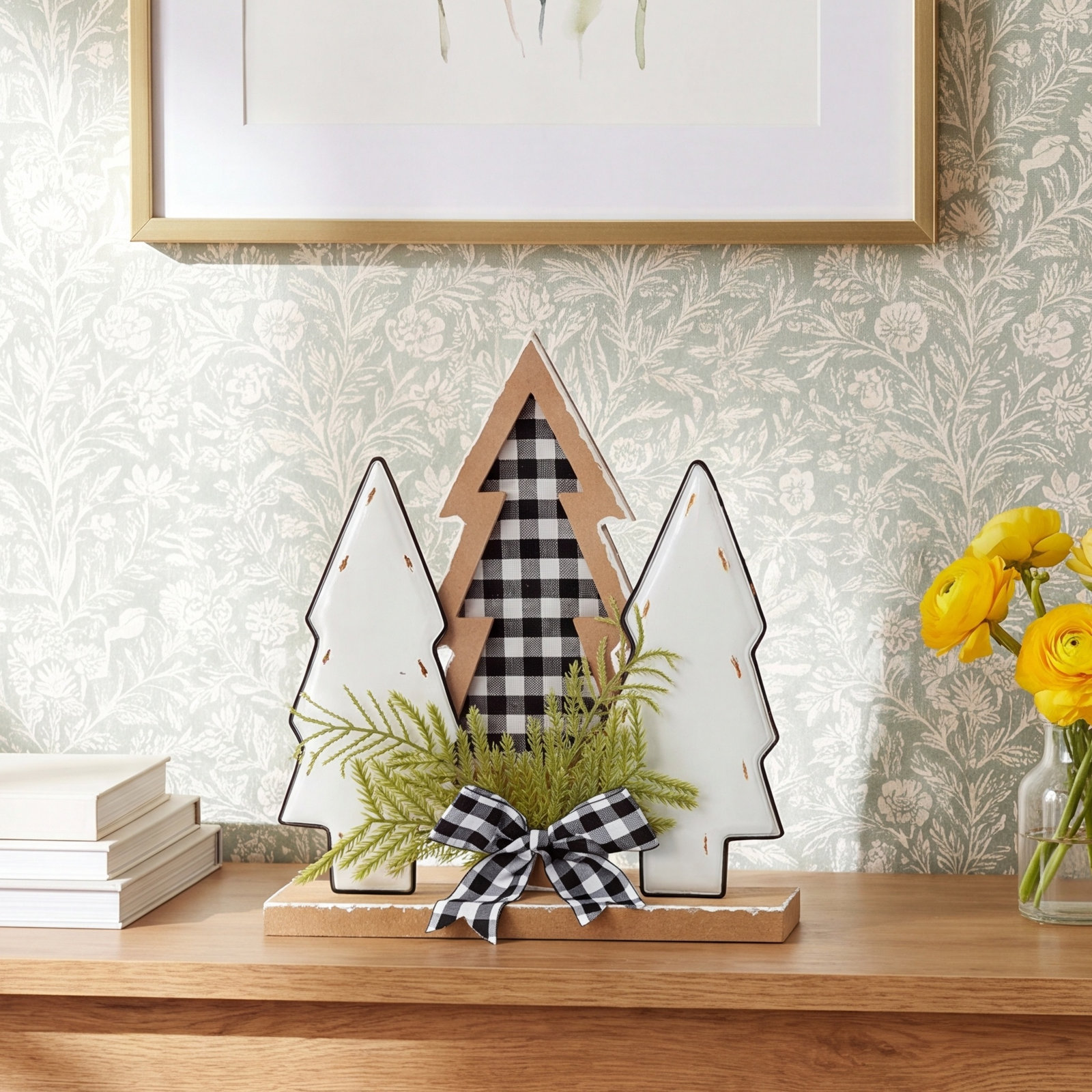 Rustic Wood Holiday Trees with Pine & Bow 12"H