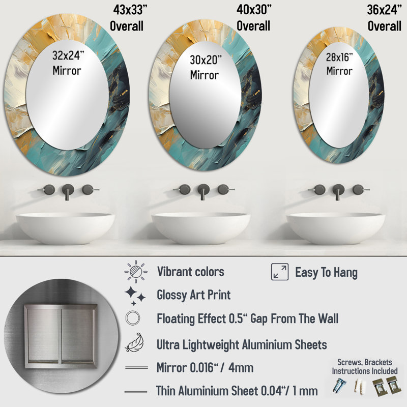 Shuff - Miroir mural ovale moderne, 36 po x 24 po