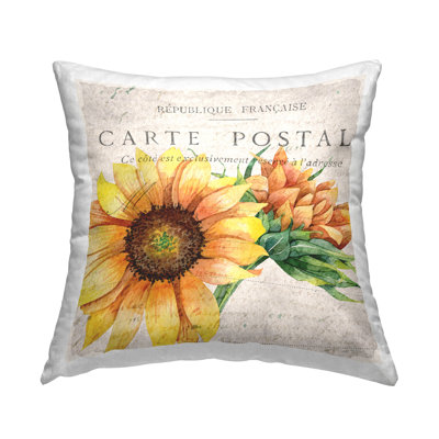 Vintage French Words Sunflower Floral Calligraphy Printed Throw Pillow Design By Kim Allen