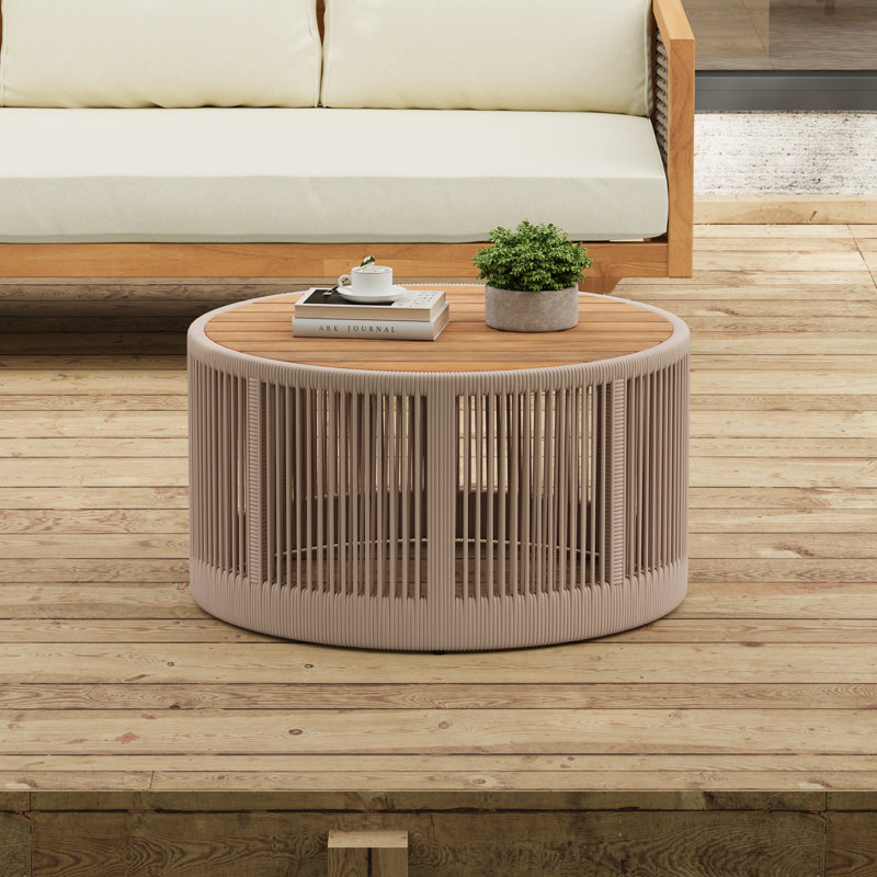 Diannah Patio Woven Rope Coffee Table With Acacia Wood Top, Beige