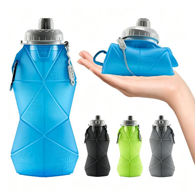 Bouteille d'eau portable en silicone, pliable, étanche et réutilisable, avec poignée de transport, tasse de voyage pliable, écologique, bleue