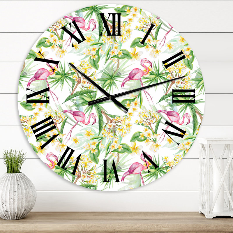 Horloge murale moderne, feuillage tropical, fleurs jaunes avec flamant IV, Petit