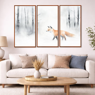 Winter Fox Wall Art, Woodland Canvas - Little Winter Fox Wanderer 3 Piece Framed Canvas Wall Art Set Traditional Nature Decor