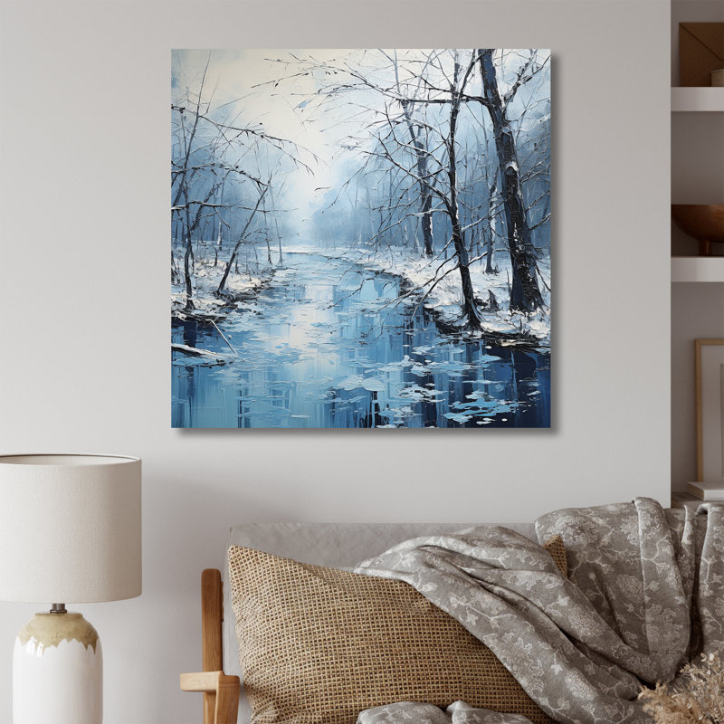 «Enchanted Winter Woods River» sur toile, H 24 po x l 24 po, Encadrement doré