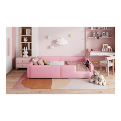 Twin Size Upholstered Platform Bed With Guardrail And Charging Station, Pink