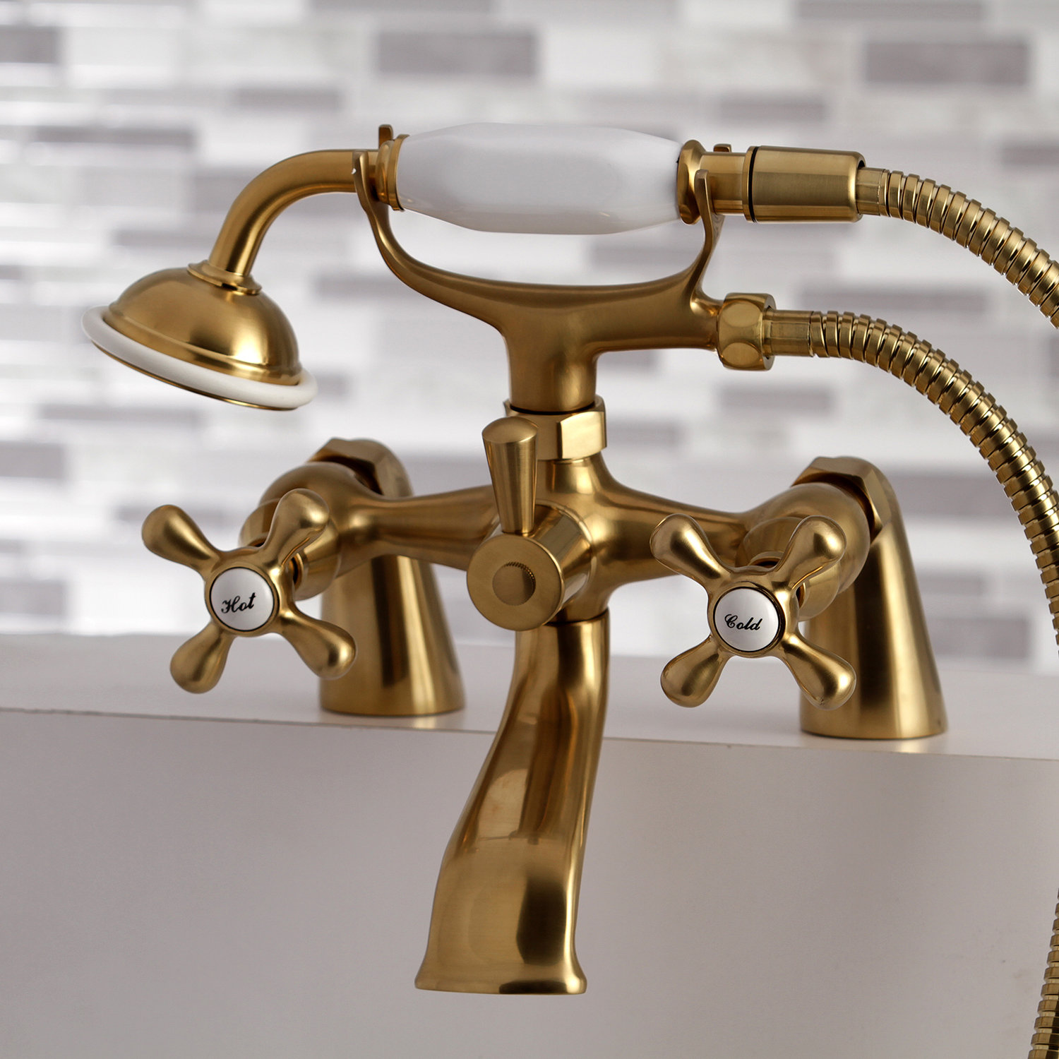 Kingston Deck Clawfoot Tub Faucet with Hand Shower, Satin Brass