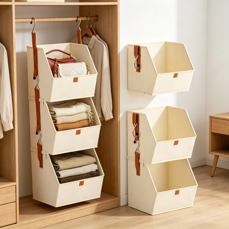 Collapsible Hanging Closet Organizer, 3-Tier Fabric Storage Shelves with Heavy-Duty Hooks, Foldable Hanging Storage Bins for Clothes, Laundry, Bedroom, RV, Beige