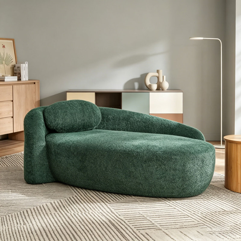 Modern Oval Single Lazy Sofa Chair Lounge Chaise with Integrated Backrest, Side Armrest and Pillow, Green