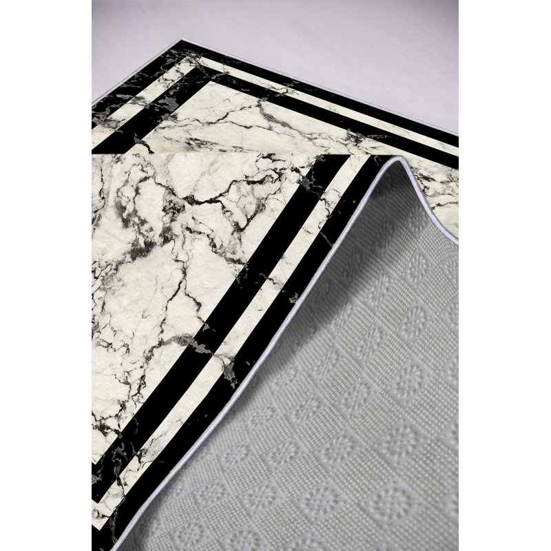 Eco-Friendly Hall Carpet, 3.3 x 4.9 Feet, 100% Polyester | Antibacterial, Non-Slip PVC Dot Underside, 650 Gr/m² | Machine Washable, Digital Printed Design, Pile Height: 0.2 Inches | Elegant White Color for Home Décor