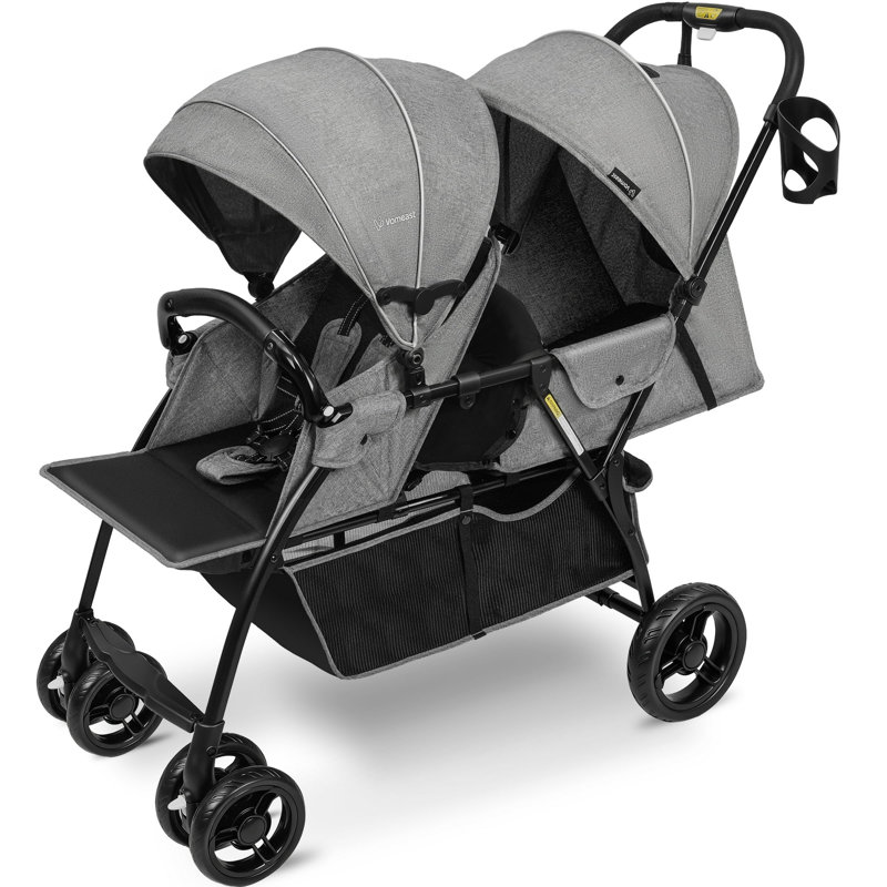 Double Stroller with Twin Seats, 5-Point Harness, Adjustable Canopies, Grey, Grey