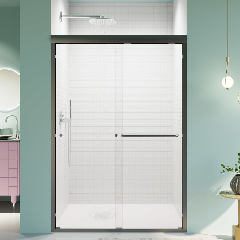 Porte de douche coulissante double de 44 à 48 po de largeur, verre trempé, noir mat, dérivation de salle de bain imperméable l 48 po x H 72 po, entrée 6 mm