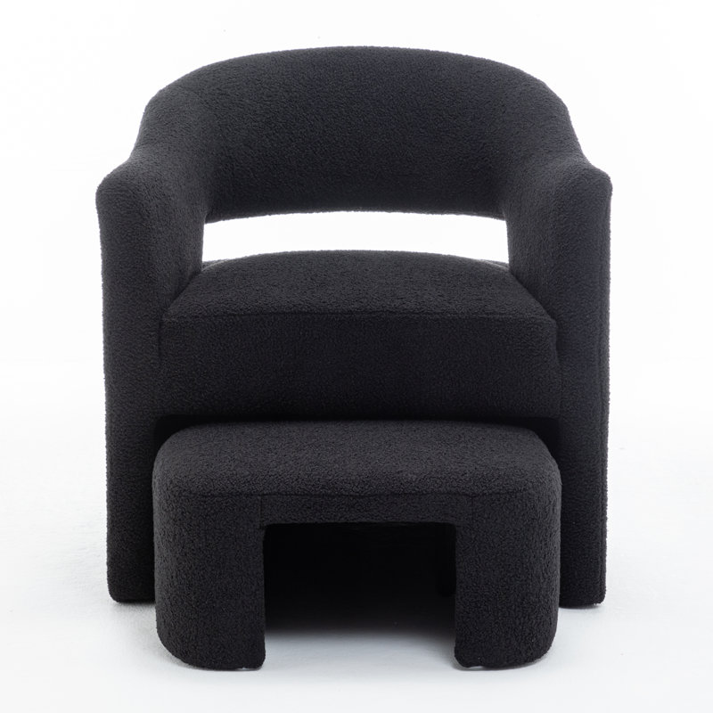 Torrence Upholstered Barrel Chair With Ottoman, Black Faux Fur
