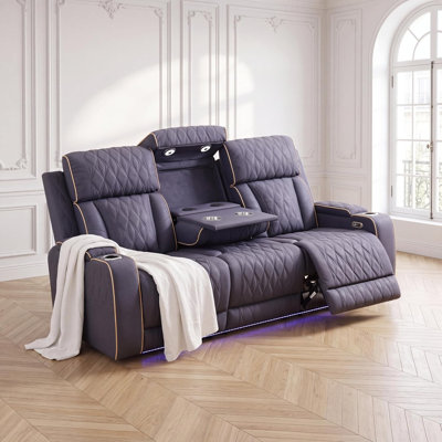 Canapé modulaire inclinable électrique en cuir pour le cinéma maison, canapé électrique inclinable avec alimentation sans fil, éclairage ambiant à DEL, porte-gobelets et rangement, canapé en cuir gonflable pour le confort du salon (beige) - Canapé 3 places