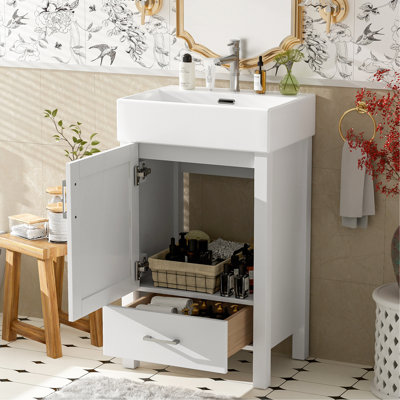 Meuble-lavabo moderne blanc 20,28 po avec lavabo en céramique, structure en bois massif et tiroir - idéal pour les petites salles de bain.